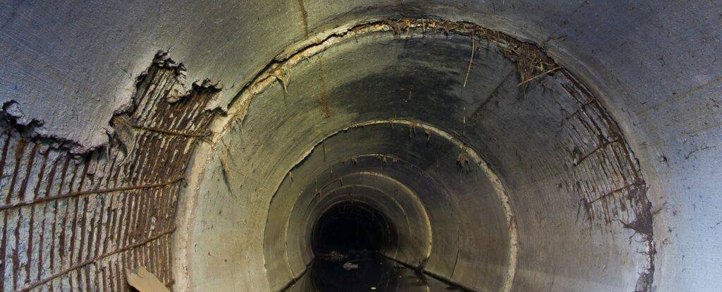 Picture of a sewer which needs rehabilitation Old damaged sewer which could be repaired with geopolymer materials.